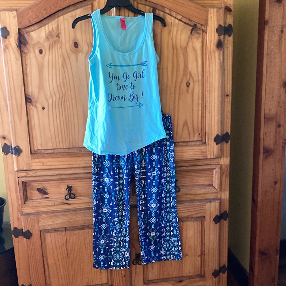 Sporto Aqua Tank Top & Blue Patterned Pajama Pants Sleep Set